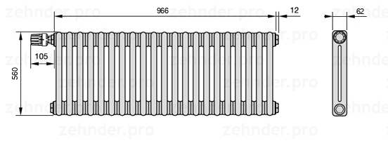 Схема (чертеж) Радиатор Zehnder Charleston 2056/21 №V011 Белый глянцевый RAL 9016